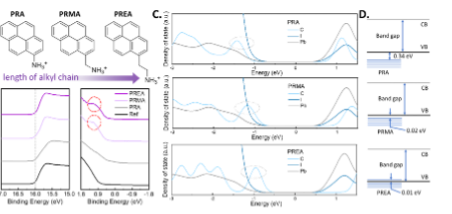 Charts showing density of state and energy (eV) for PRA, PRMA, and PREA; and a chart showing binding energy for PREA, PRMA, and PRA. 