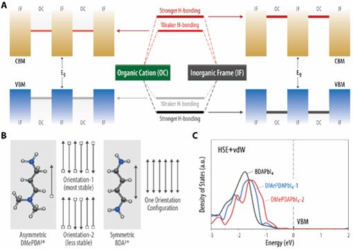 A diagram showing stronger H-bonding and weaker H-bonding of organic cation (OC) and inorganic frame (IF); diagram showing stable and less stable orientations for asymmetric and symetric DmePDA2+; and a chart showing the density of states for energy (EV) of organic cations.