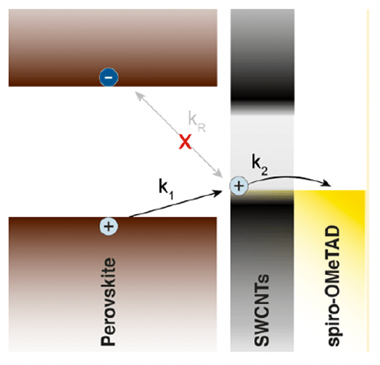 Vertical view of the three layers of a solar cell: Perovskite, SWCNTs, and spiro-OMeTAD. An arrow labeled k1 starts at Perovskite and points to SWCNTs. An arrow labeled k2 starts at SWCNTs and points to spiro-OMeTAD.